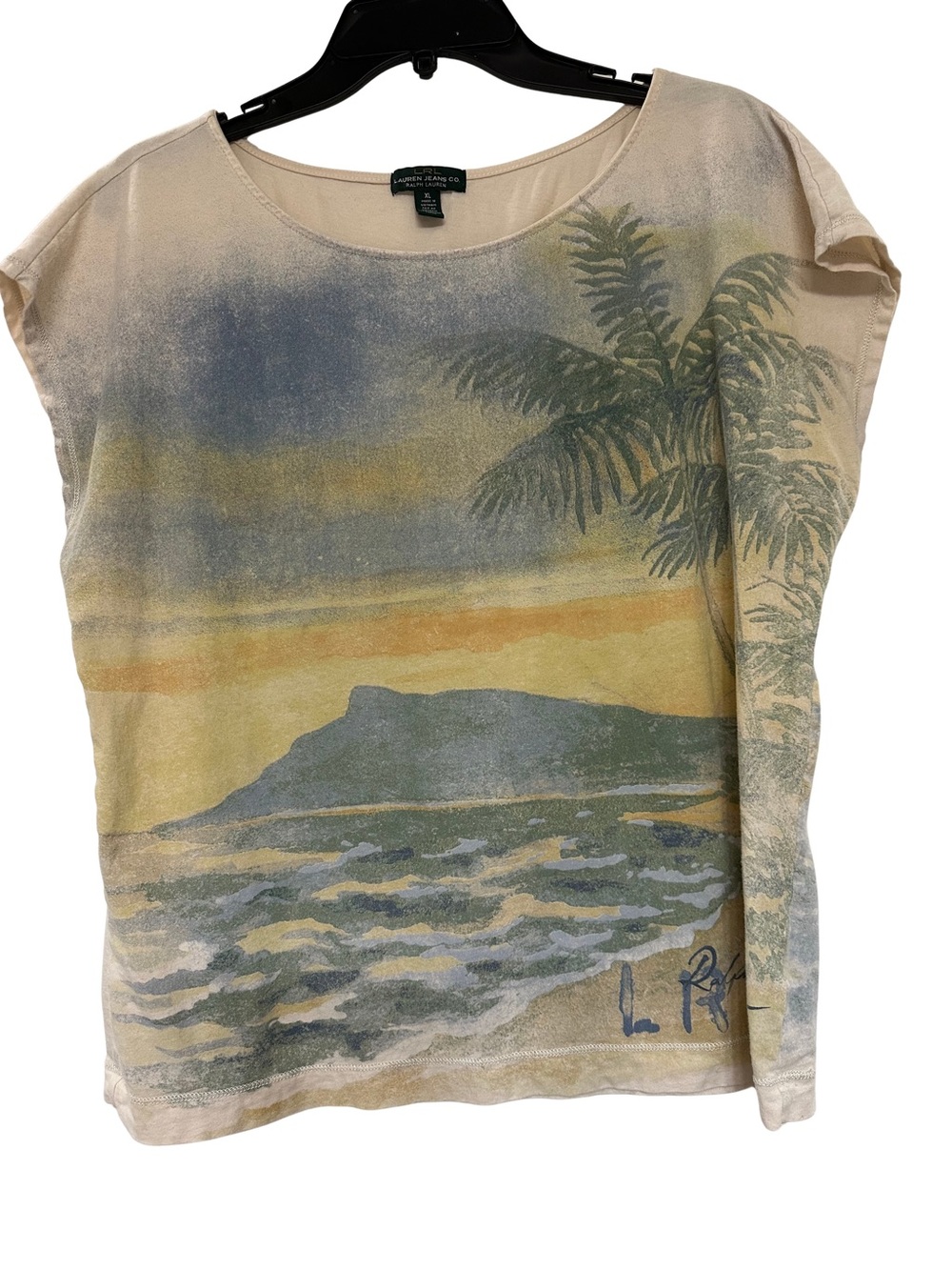 Lauren Ralph Lauren Cream Scenic Beach Print Tee Women’s XL Watercolor